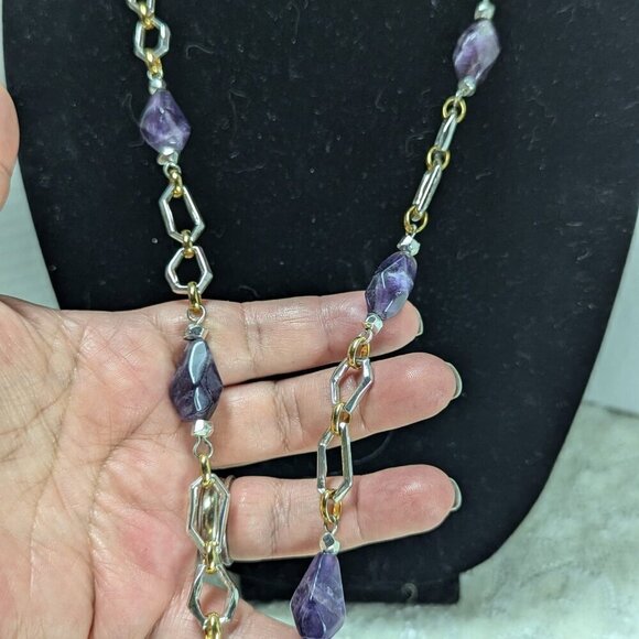 Vintage Estate Amethyst? Ametrine? Beaded Gold Tone Necklace Earrings Bracelet - Picture 5 of 10